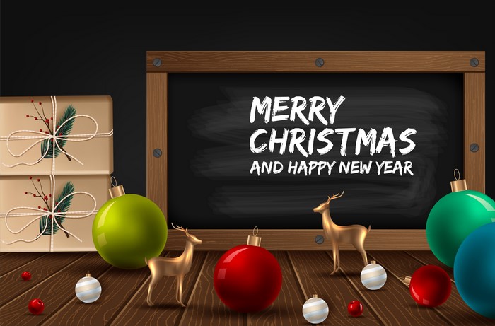 Merry Christmas and Happy New Year chalkboard with gifts and ornaments