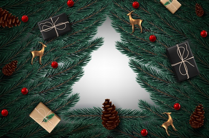 Christmas Tree Frame with Gifts, Pine Cones, and Deer