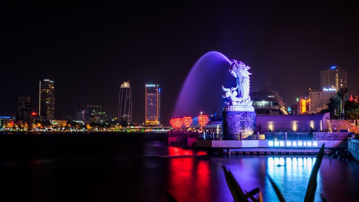 Dragon Fountain at Night in Da Nang, Vietnam