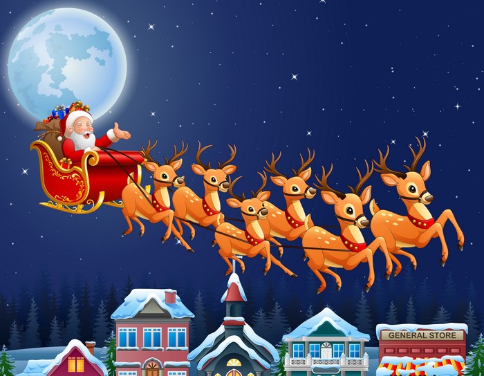 Santa Claus flying in a sleigh with reindeer