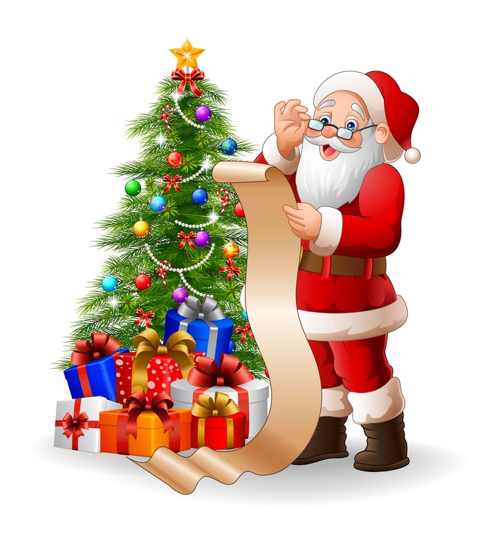 Santa Claus with Christmas Tree and Gifts