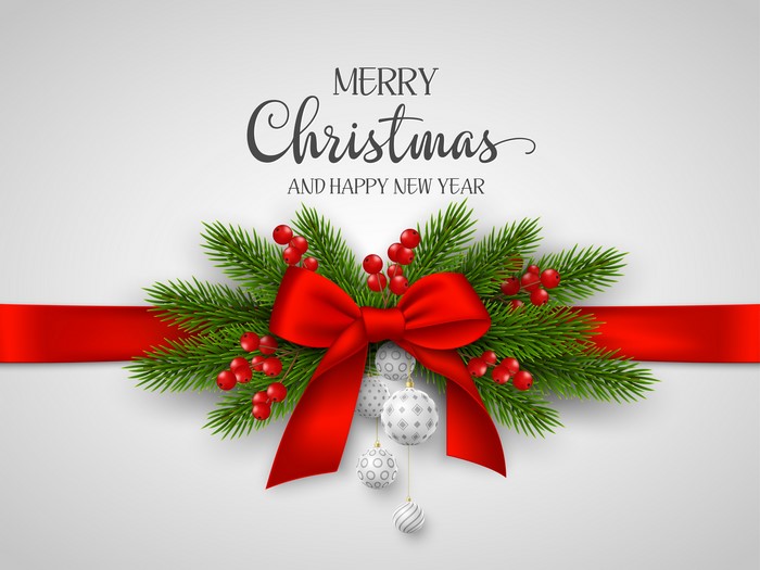 Merry Christmas and Happy New Year greeting with pine branches and red bow