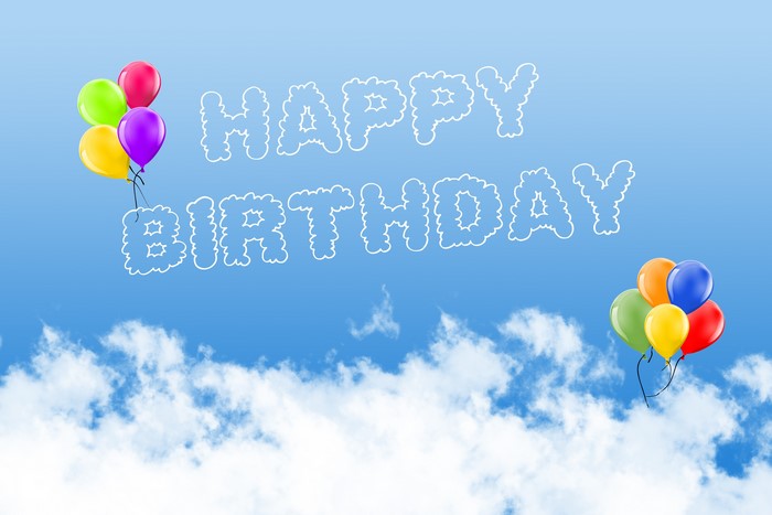 Happy Birthday text with balloons in the sky