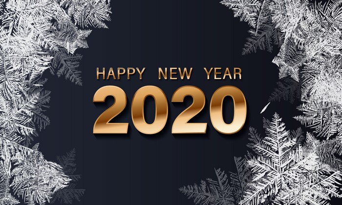 Happy New Year 2020 Gold Text with Snowflakes