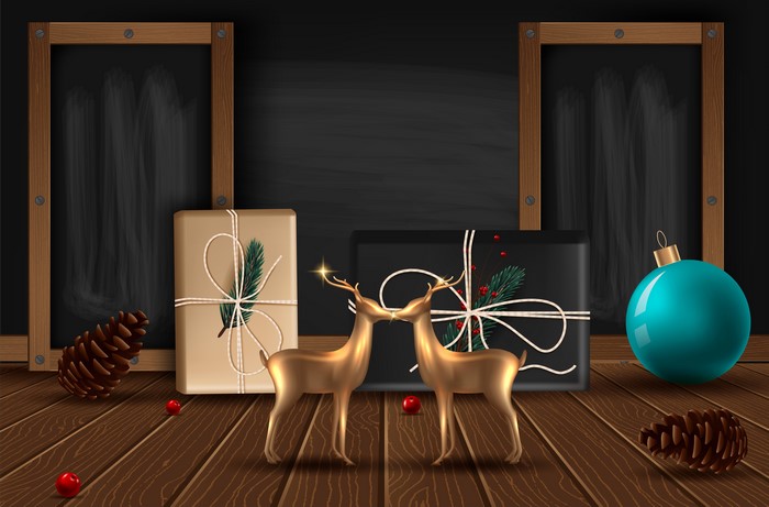 Christmas scene with deer, gifts, and pine cones
