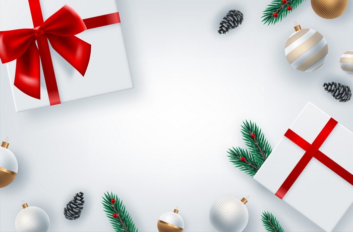 Christmas Gifts and Ornaments on Gray Background