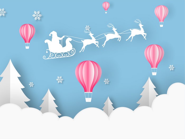 Santa Claus flying in a sleigh with reindeer and hot air balloons