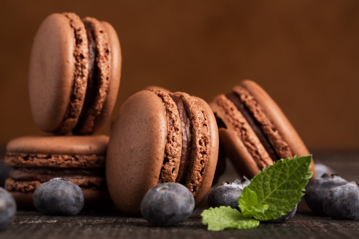 Chocolate Macarons with Blueberries and Mint