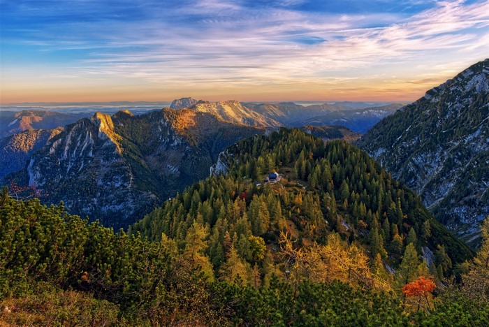 Mountain landscape with forest and a building in Gmunden, Austria