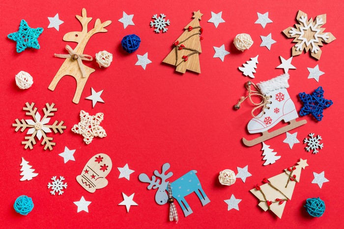 Christmas Decorations on Red Background