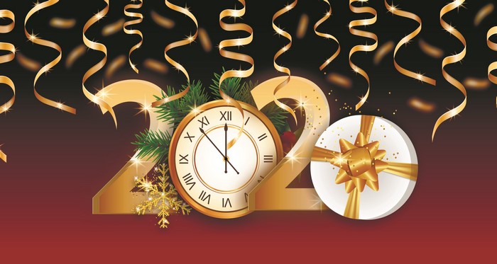 New Year 2020 celebration with clock and gift