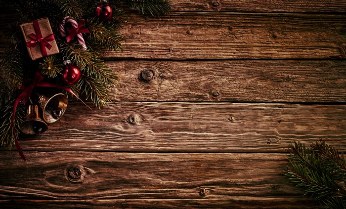Christmas decorations on wood planks