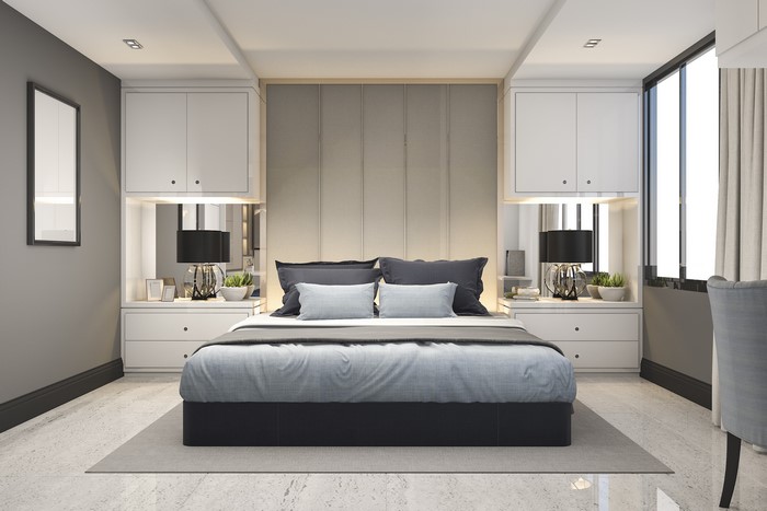 Modern Bedroom with Built-in Wardrobes and Bed