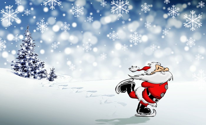 Santa Claus ice skating in a snowy landscape with Christmas trees