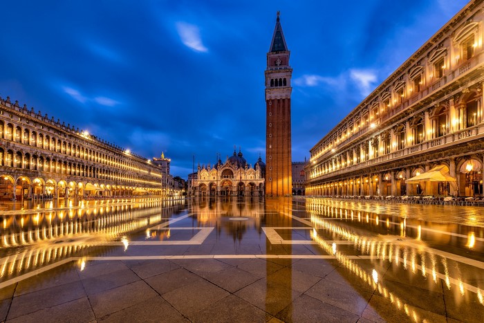 Piazza San Marco at night with St Mark's Basilica and Campanile