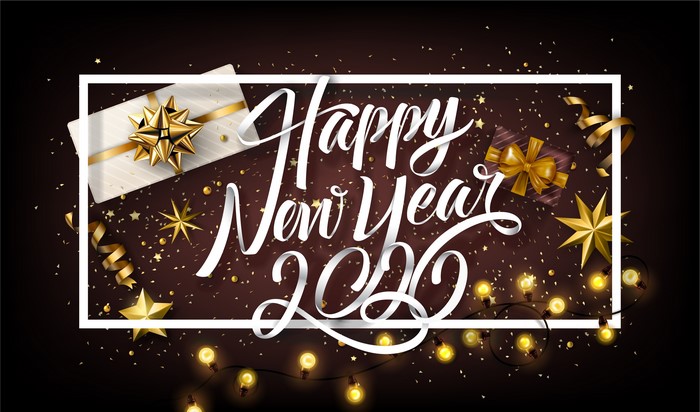 Happy New Year 2020 lettering with gifts and lights