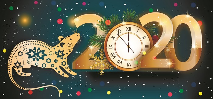 2020 New Year's Eve Rat with Clock and Snowflakes