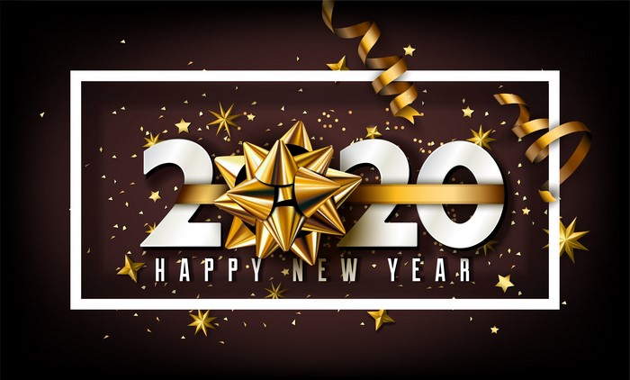 Happy New Year 2020 greeting with gold bow and ribbons