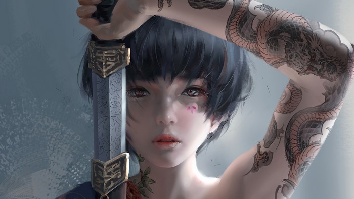 4K Brunette Warrior with Sword and Tattoos
