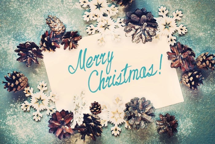 Merry Christmas card with pine cones and snowflakes