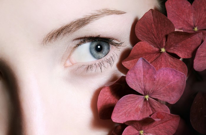 Closeup of a blue eye with red flowers