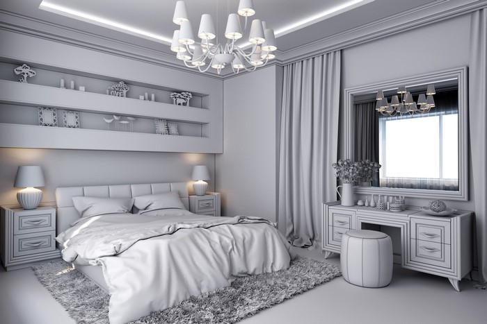 Modern Bedroom with Chandelier and Vanity