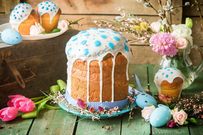 Easter Kulich cakes with icing and decorations