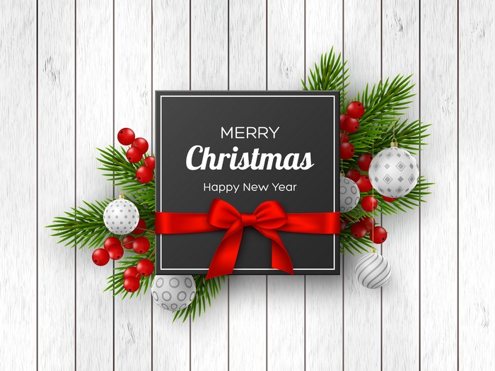 Merry Christmas Happy New Year Card with Ornaments