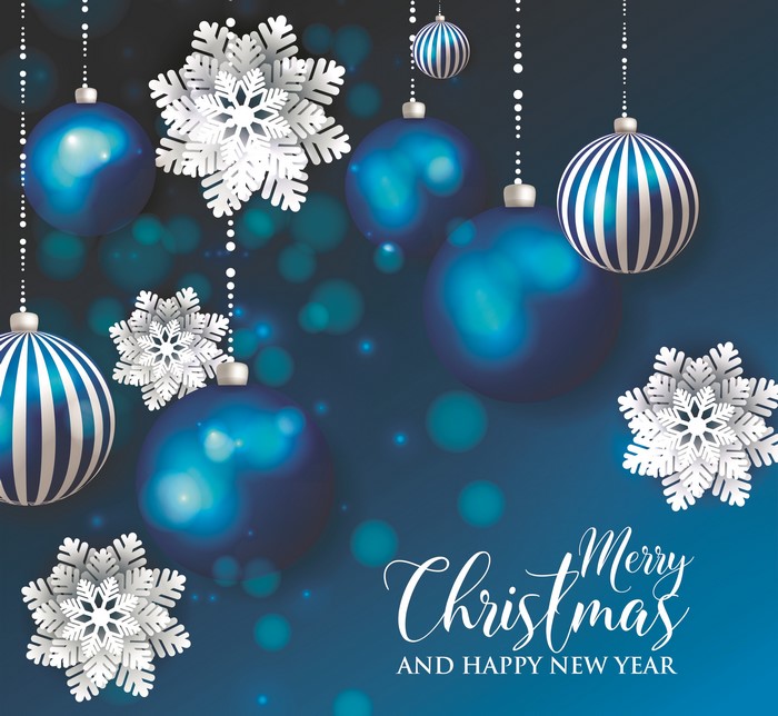 Christmas and Happy New Year card with ornaments and snowflakes