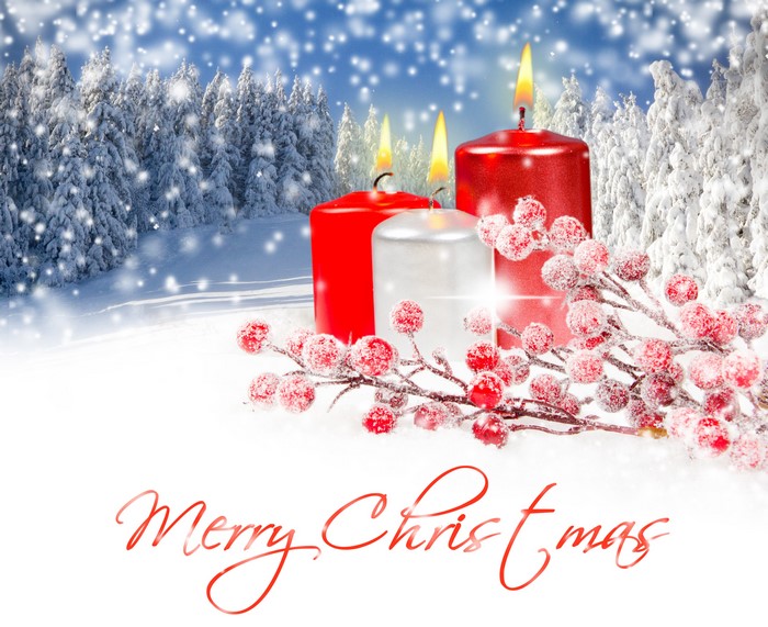 Christmas scene with candles and snow