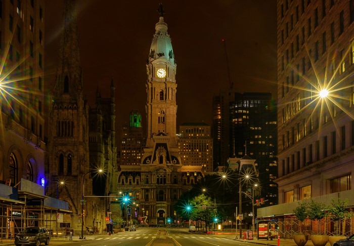 Philadelphia City Hall at Night with Light Rays