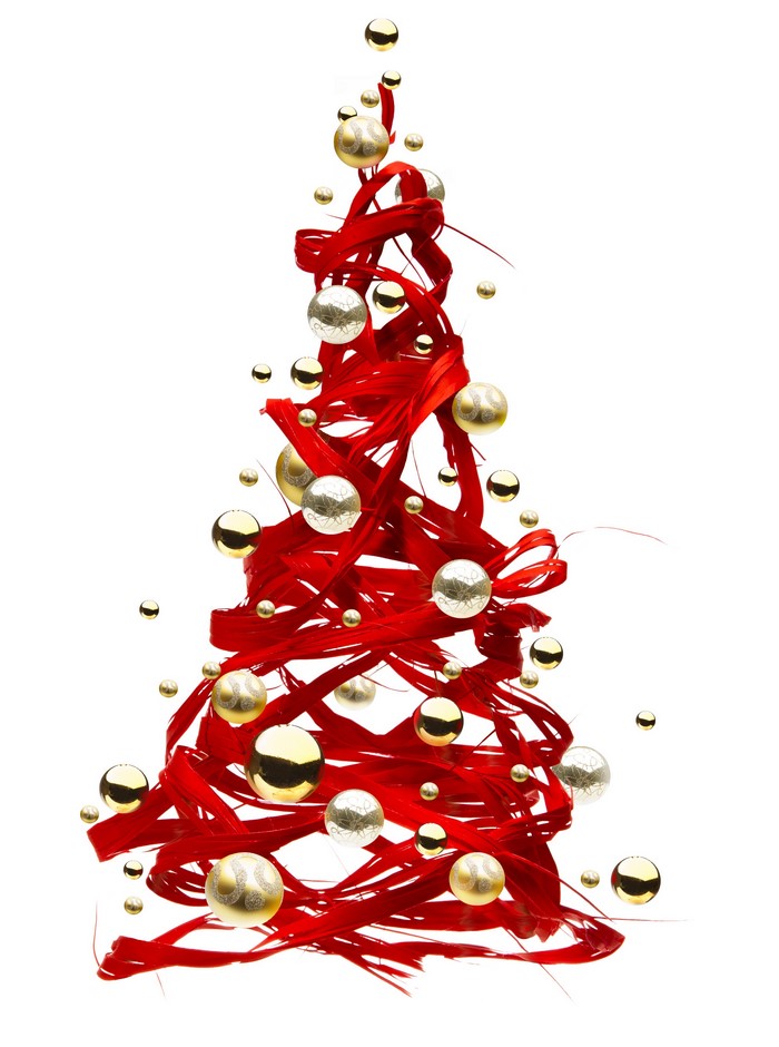Abstract red Christmas tree with gold and silver ornaments