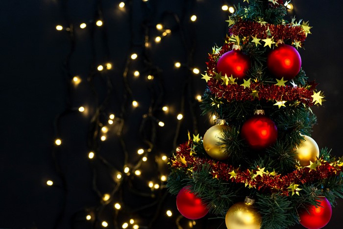 Christmas tree with red and gold ornaments and fairy lights