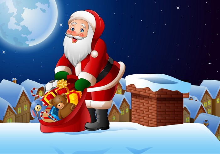 Santa Claus with a bag of gifts on a snowy roof