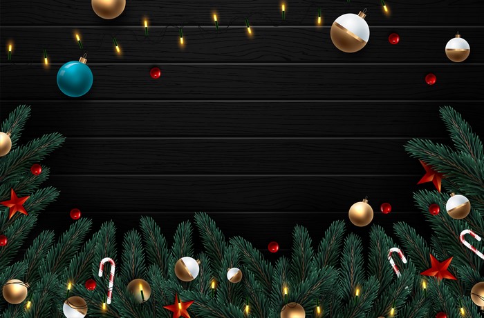 Christmas Decorations on Dark Wood Background