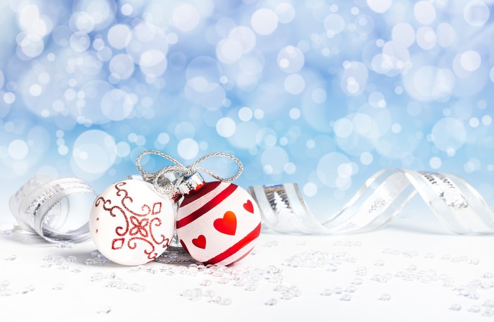 Christmas balls with ribbon and bokeh