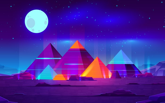 4K Synthwave Neon Pyramids Under Moonlight