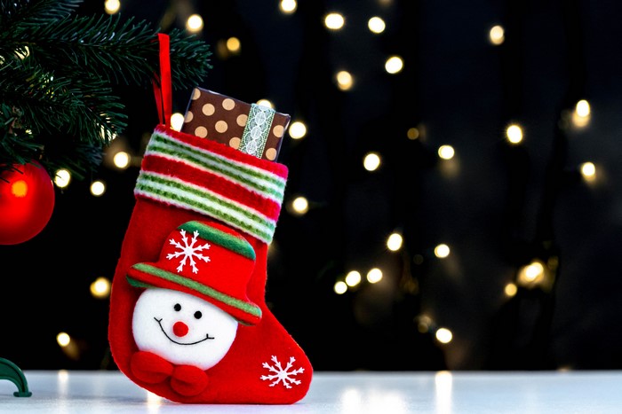 Christmas stocking with snowman and gifts