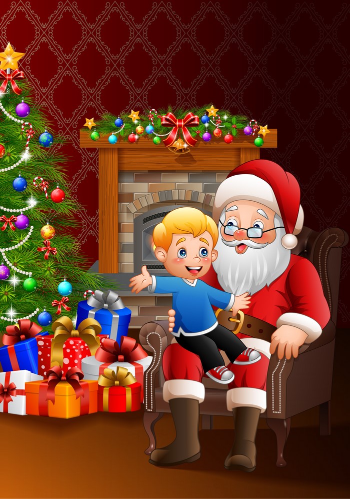 Santa Claus with a Boy and Christmas Gifts