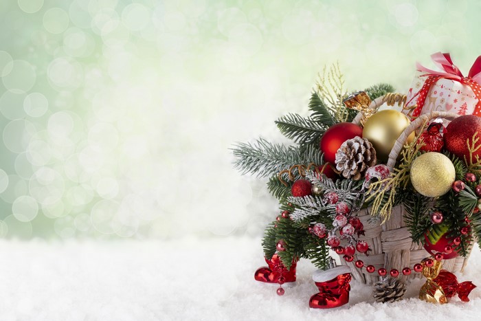 Christmas basket with ornaments and gift