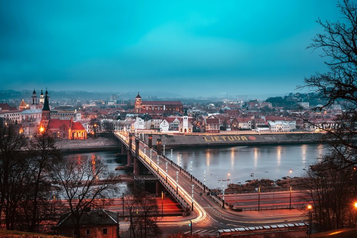 Kaunas, Lithuania Cityscape with Bridge Over River