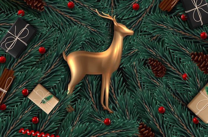 Christmas Deer with Gifts and Pine Cones on Pine Branches