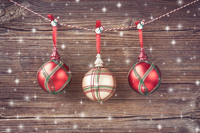 Christmas ornaments on a wooden background