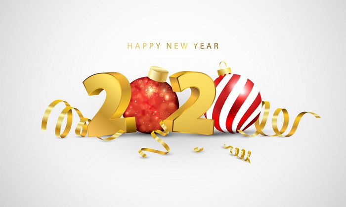 Happy New Year 2020 with Christmas Balls and Ribbons