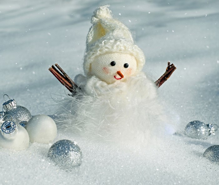 Snowman with Christmas ornaments in the snow