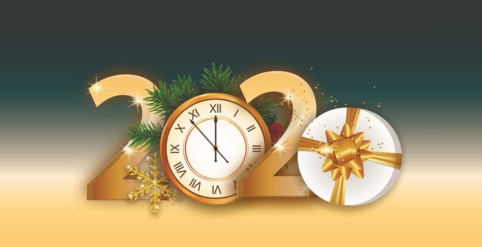 Happy New Year 2020 with Clock and Gift