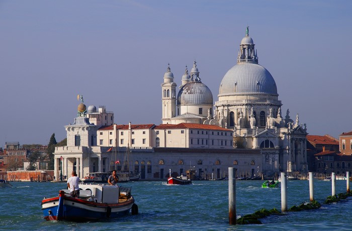 4K Venice: Santa Maria Della Salute Cathedral and Motorboats