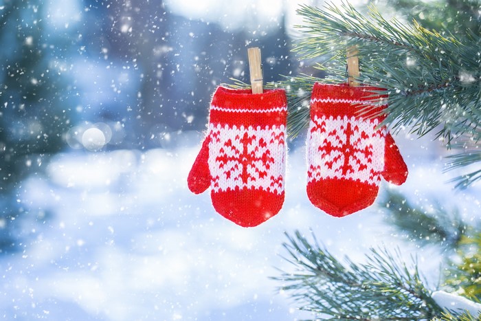 Two red mittens with snowflakes hanging on a pine branch