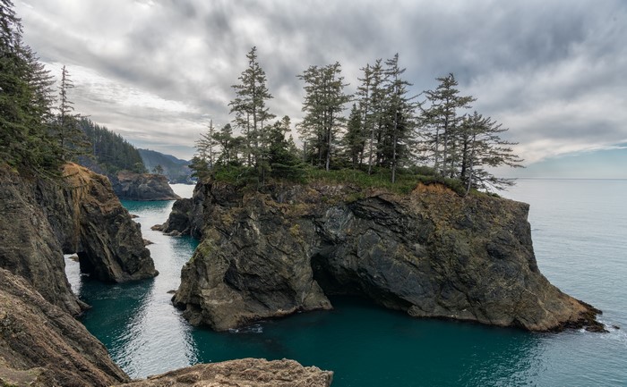 4K Oregon Coast with Rocky Cliffs and Trees