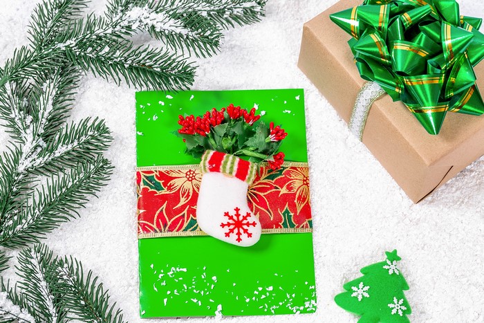 Christmas card with stocking and gift